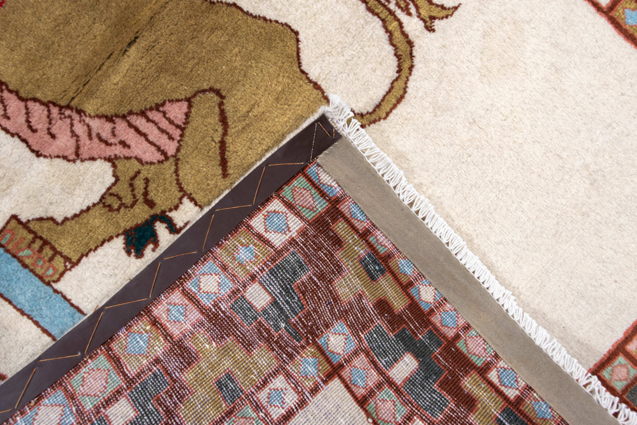 3' x 5' one-of-a-kind handmade vintage Gabbe small size rug. Color palette: black, blue, brown, charcoal, gray, light blue