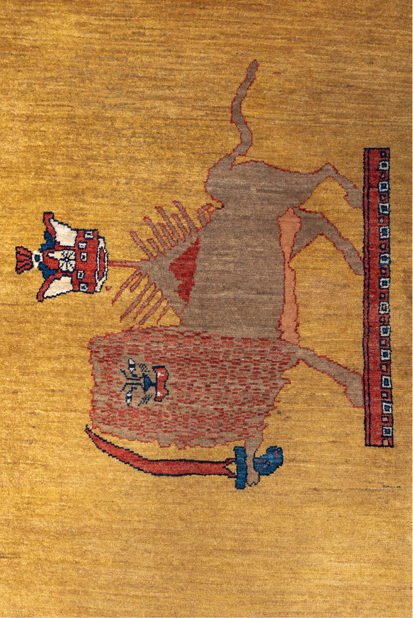 3' x 5' one-of-a-kind handmade vintage small size rug. Color palette: camel, rust, navy, ivory, taupe, rose, sienna, beige