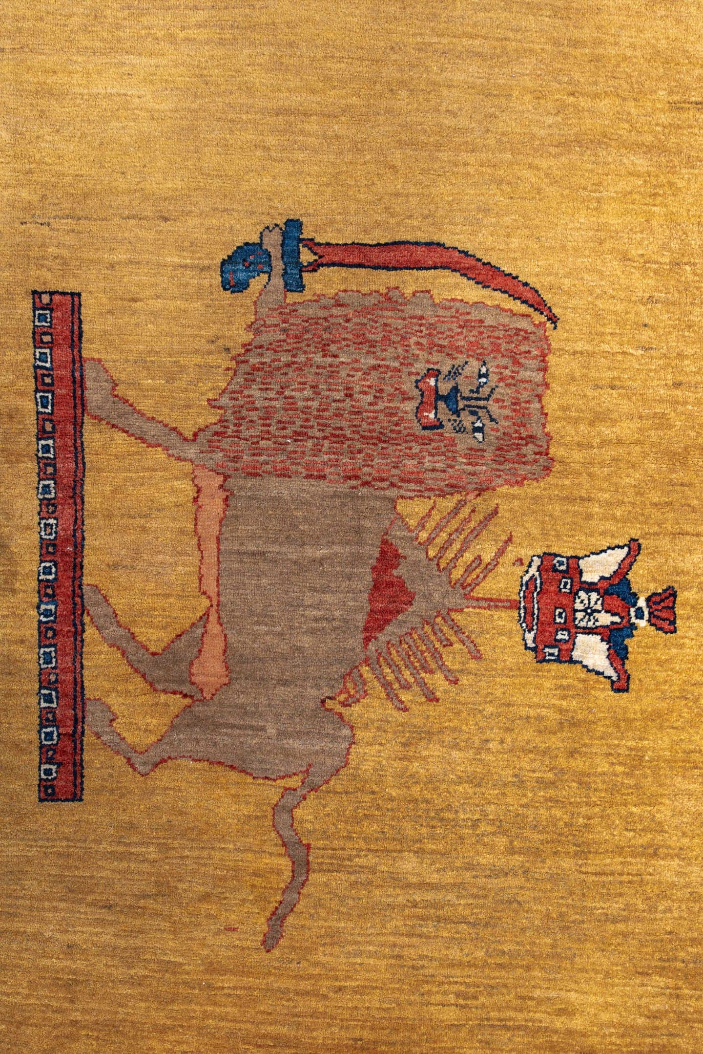 3' x 5' one-of-a-kind handmade vintage small size rug. Color palette: camel, rust, navy, ivory, taupe, rose, sienna, beige