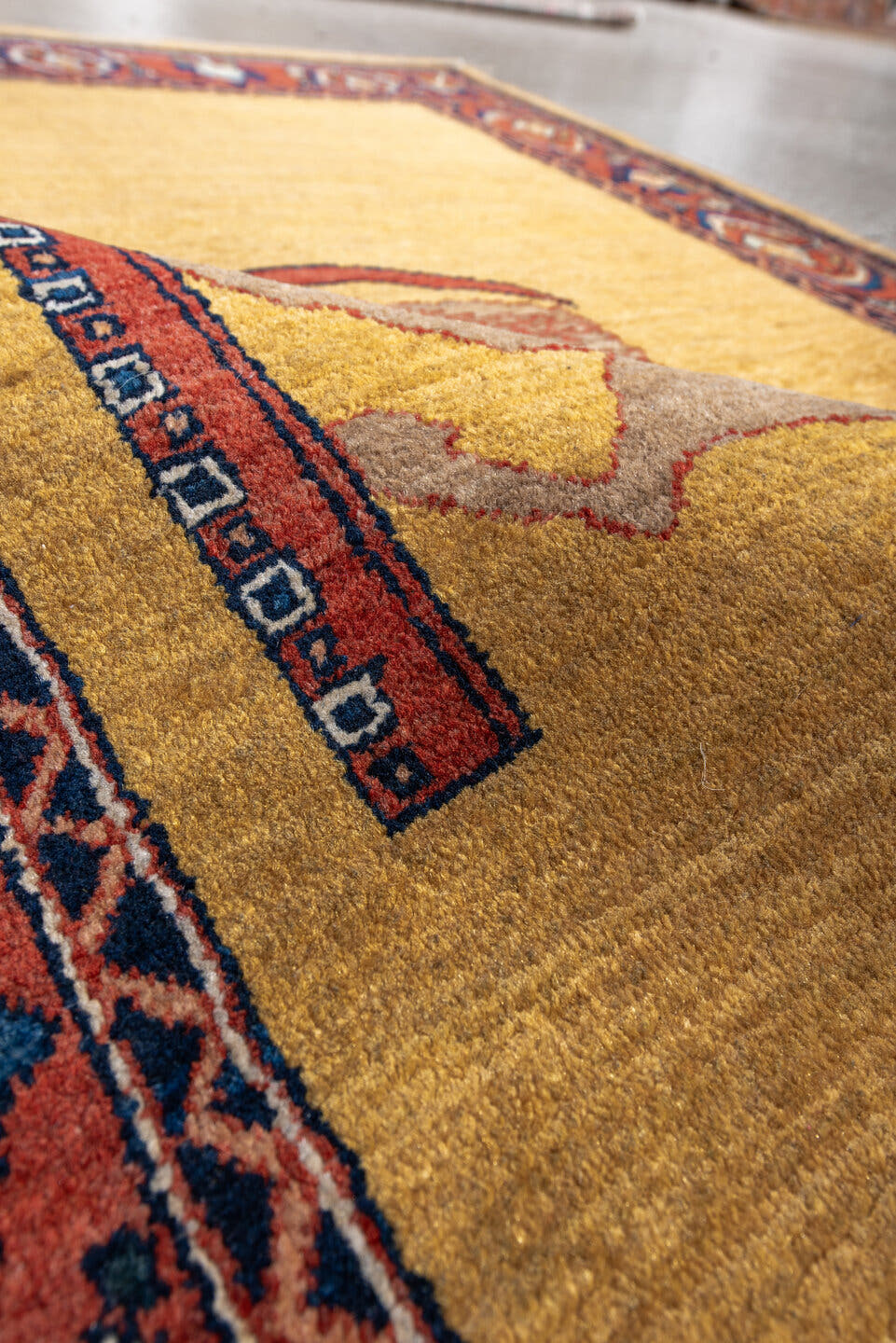 3' x 5' one-of-a-kind handmade vintage small size rug. Color palette: camel, rust, navy, ivory, taupe, rose, sienna, beige