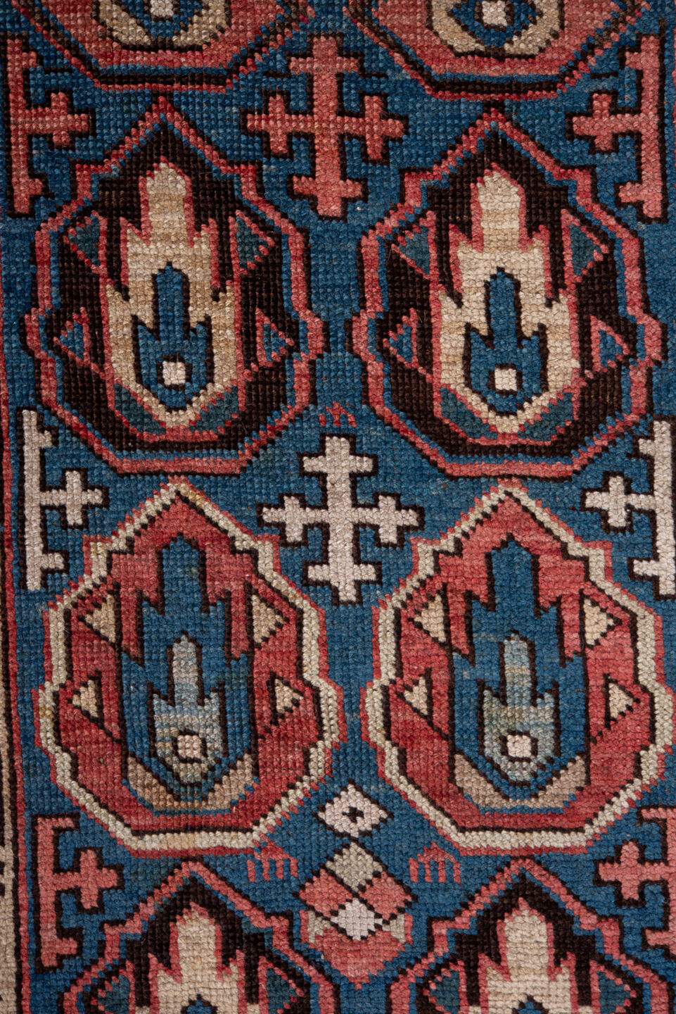 2' x 4' one-of-a-kind handmade vintage Caucasian small size rug. Color palette: arapawa, black, blue, brown, gray