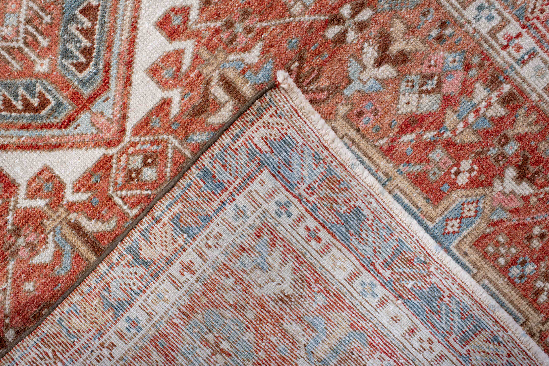 2' x 10' one-of-a-kind handmade antique Karaje runner rug. Color palette: rust, ivory, sky_blue, terra_cotta, camel, slate