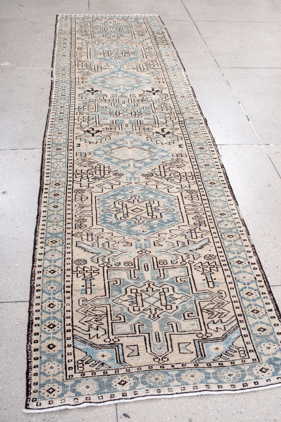 3' x 11' one-of-a-kind handmade vintage Karaje runner rug. Color palette: antiquewhite, black, brown, dark gray, dim gray