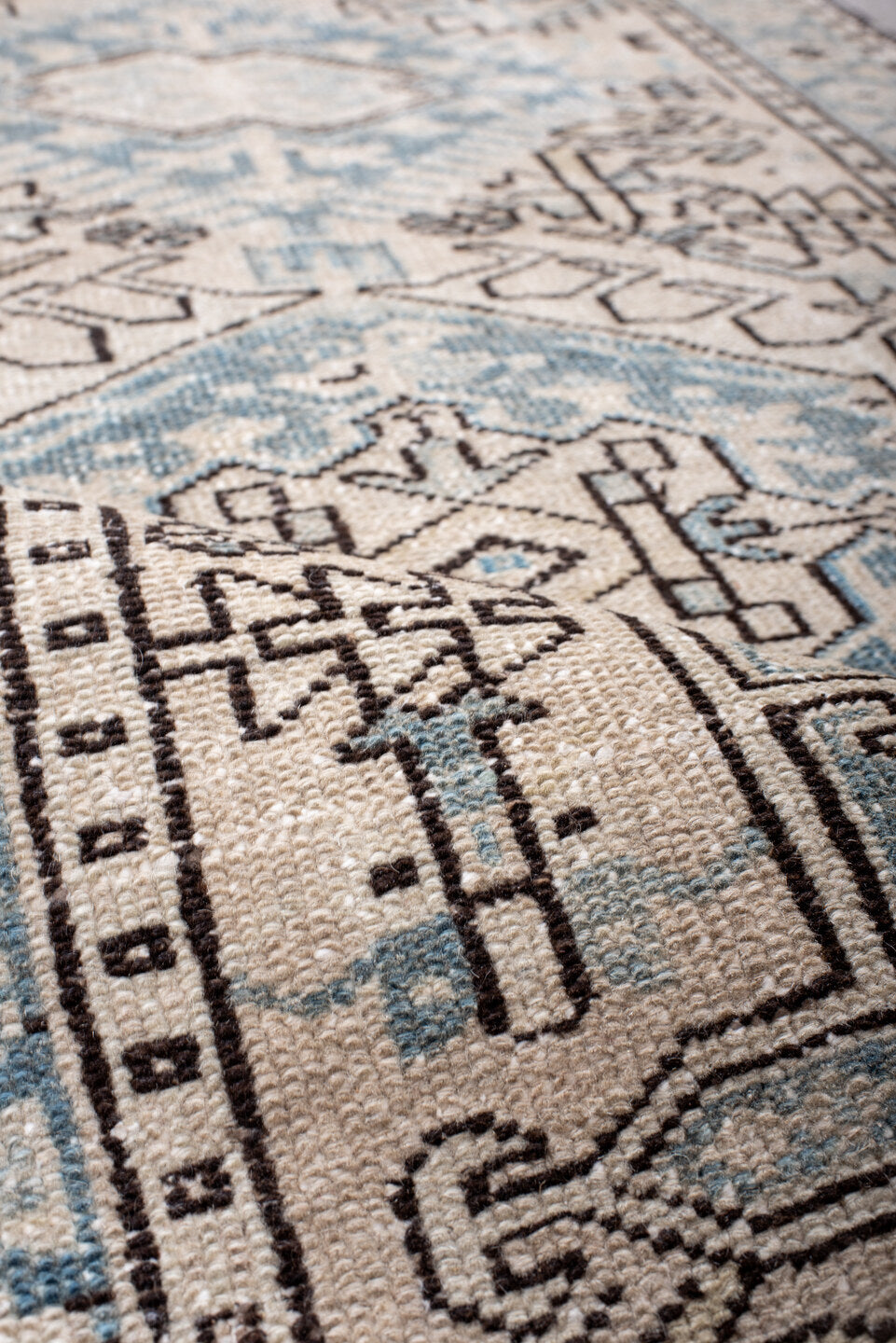 3' x 11' one-of-a-kind handmade vintage Karaje runner rug. Color palette: antiquewhite, black, brown, dark gray, dim gray