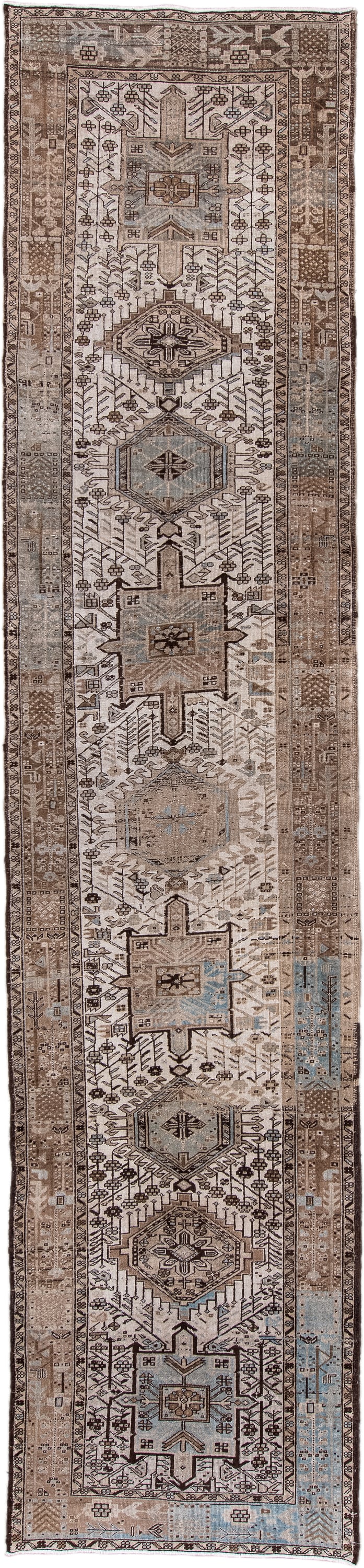 3' x 14' one-of-a-kind handmade antique Heriz runner rug. Color palette: ivory, taupe, camel, brown, sky_blue, beige, gray