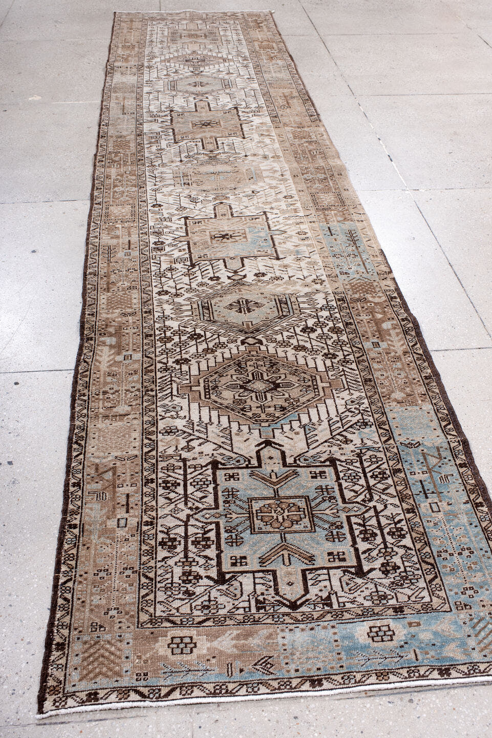 3' x 14' one-of-a-kind handmade antique Heriz runner rug. Color palette: ivory, taupe, camel, brown, sky_blue, beige, gray