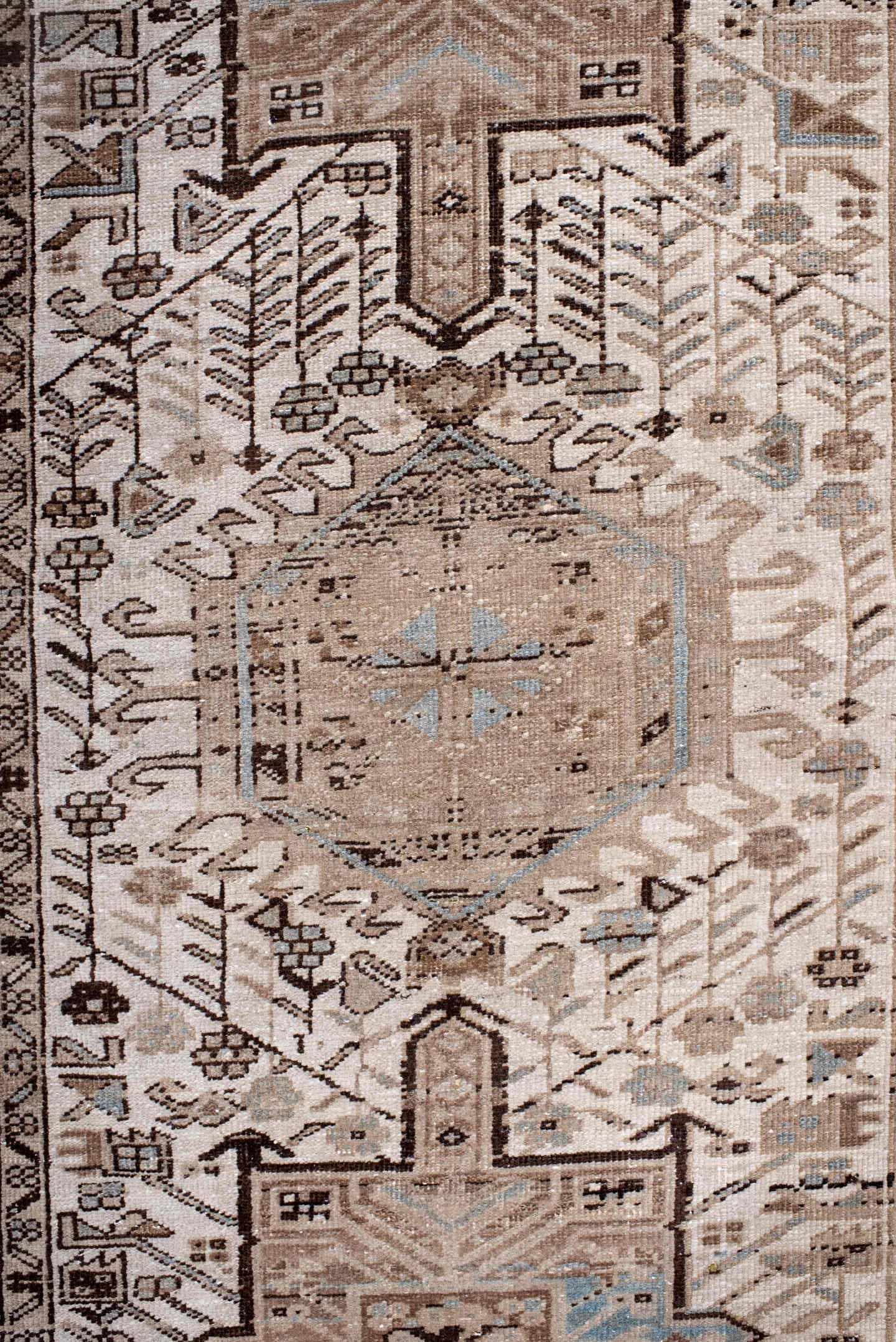 3' x 14' one-of-a-kind handmade antique Heriz runner rug. Color palette: ivory, taupe, camel, brown, sky_blue, beige, gray