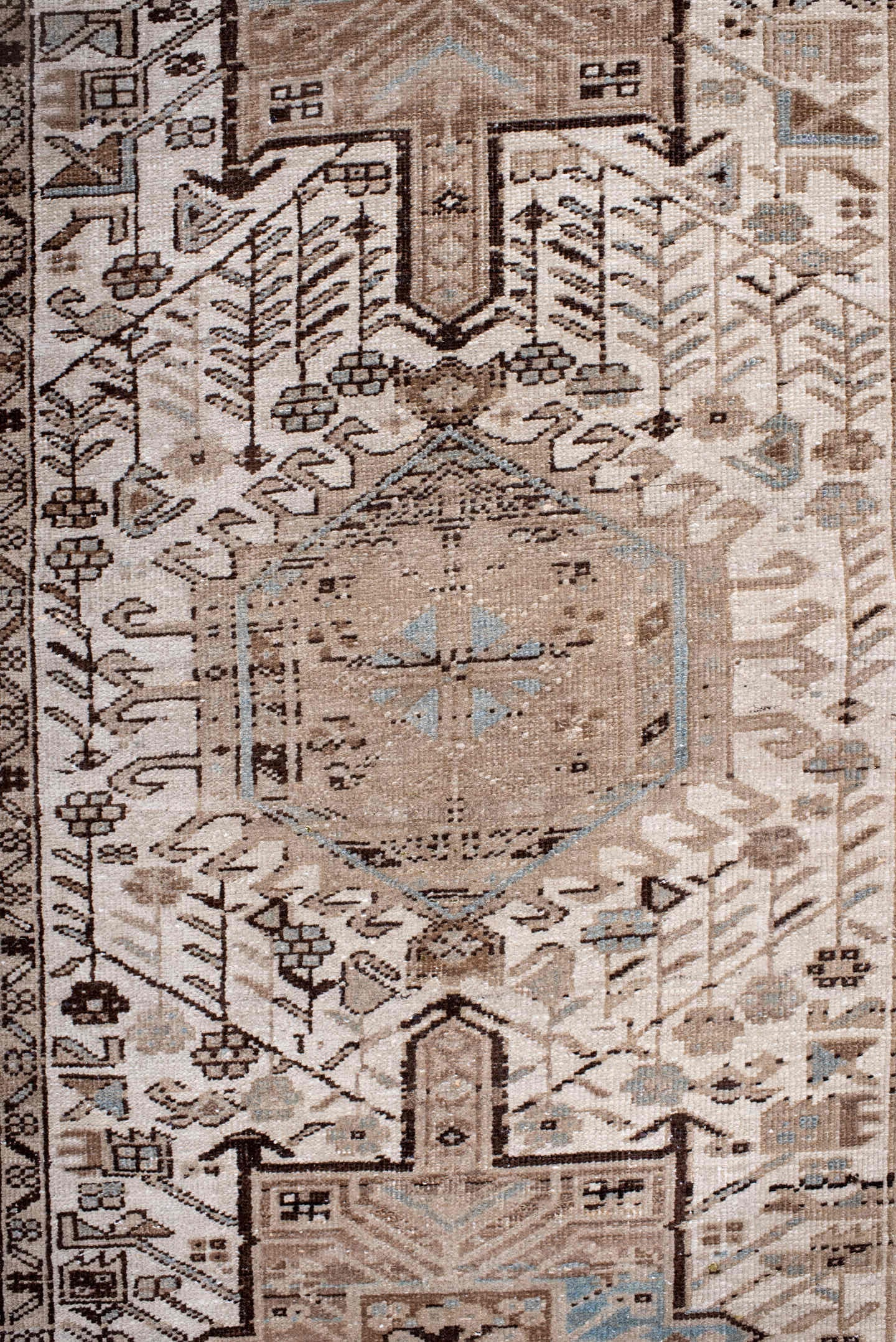 3' x 14' one-of-a-kind handmade antique Heriz runner rug. Color palette: ivory, taupe, camel, brown, sky_blue, beige, gray