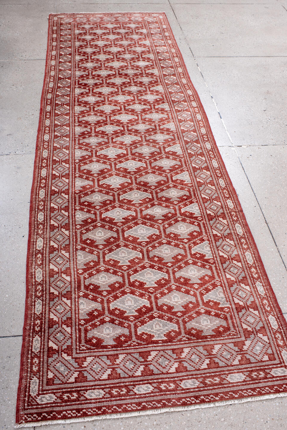 2' x 9' one-of-a-kind handmade vintage Oushak runner rug. Color palette: brown, gray, light gray, misty rose, off-white