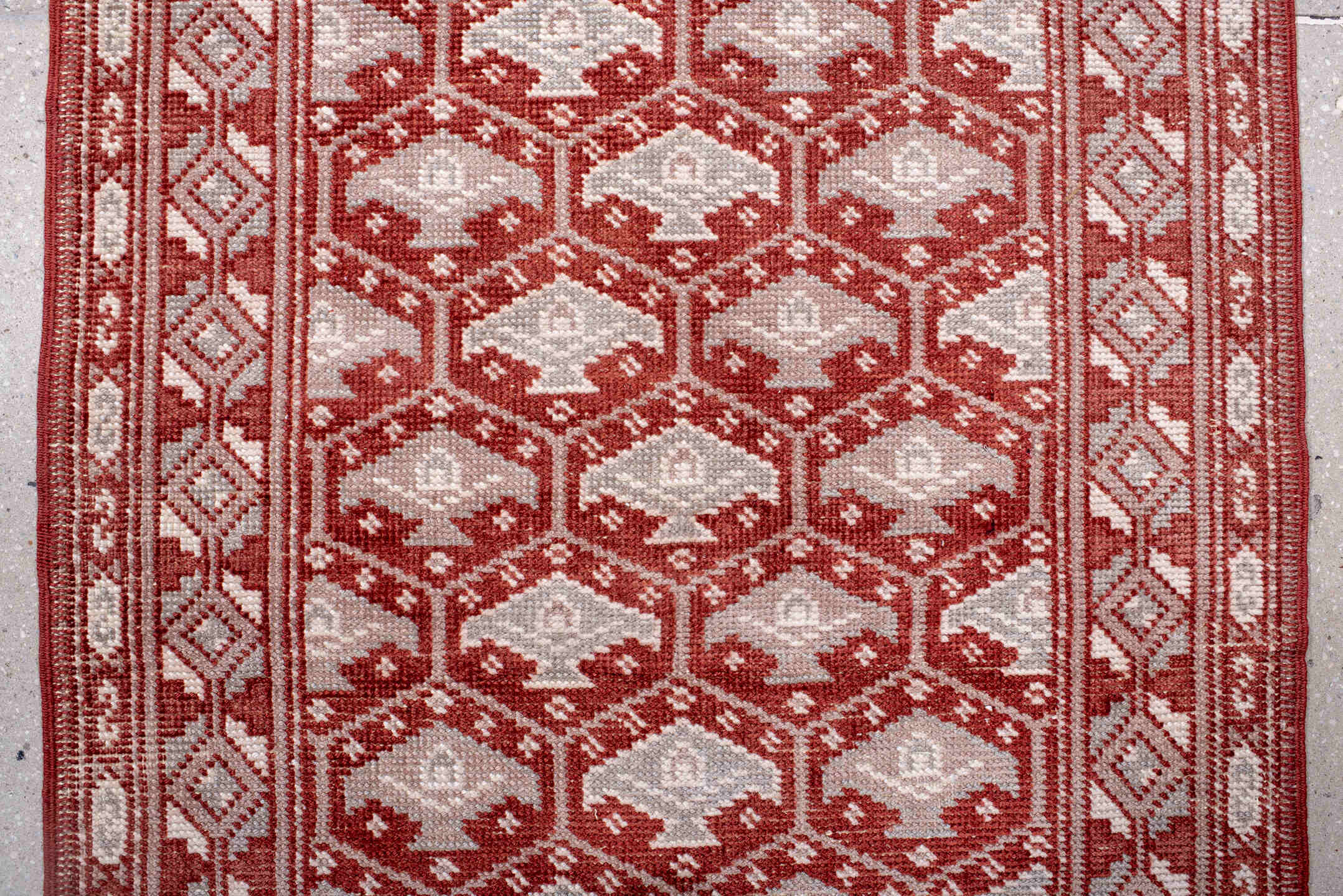 2' x 9' one-of-a-kind handmade antique Oushak runner rug. Color palette: rust, ivory, rose, terra cotta, terracotta, brown