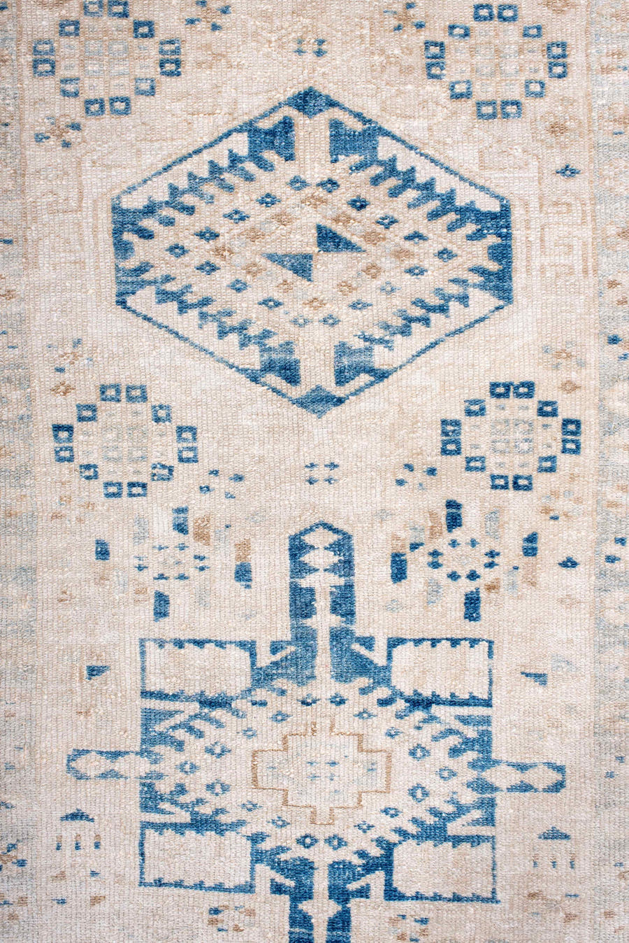 3' x 10' one-of-a-kind handmade antique Karaje runner rug. Color palette: ivory, sky blue, beige, camel, taupe, light blue