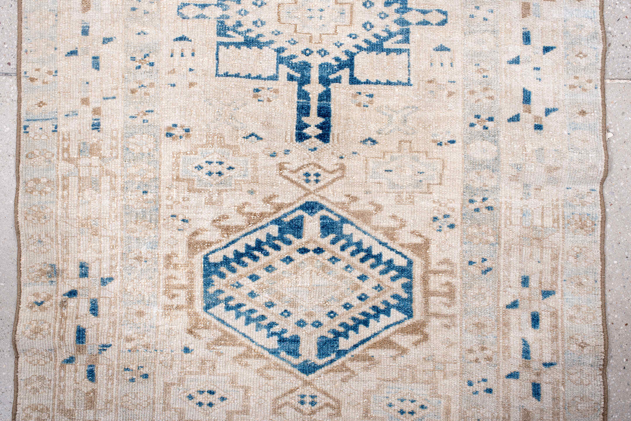 3' x 10' one-of-a-kind handmade antique Karaje runner rug. Color palette: ivory, sky blue, beige, camel, taupe, light blue