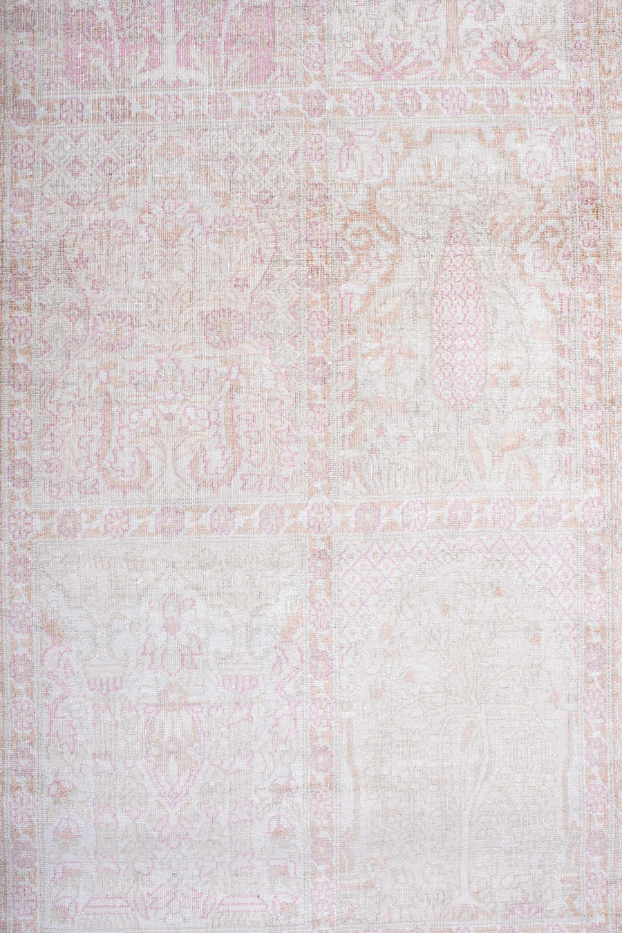 2' x 9' one-of-a-kind handmade antique Kashmir runner rug. Color palette: ivory, blush, pale pink, cream, taupe, pink, beige