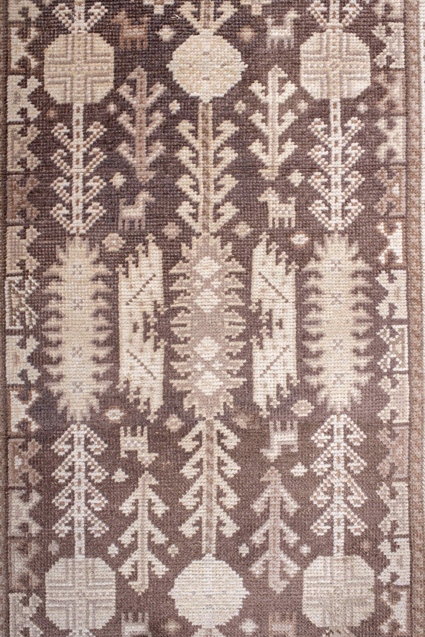 2' x 11' one-of-a-kind handmade antique Oushak runner rug. Color palette: brown, ivory, taupe, beige, gray