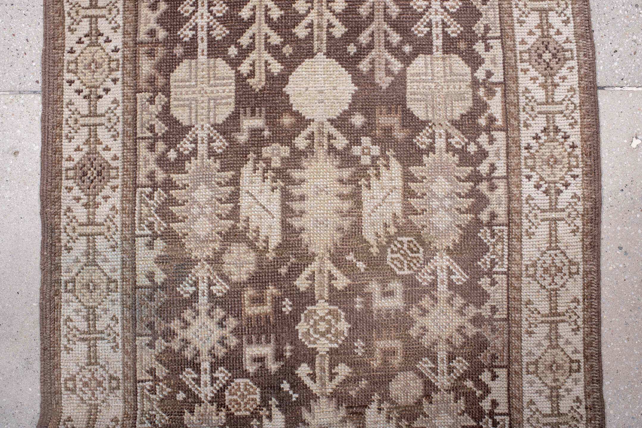 2' x 11' one-of-a-kind handmade antique Oushak runner rug. Color palette: brown, ivory, taupe, beige, gray