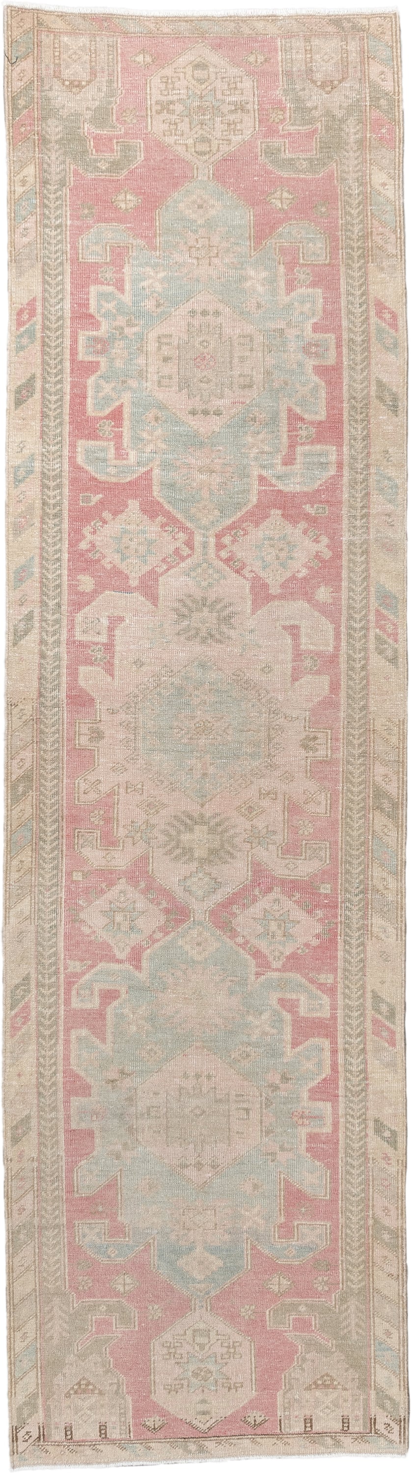 2' x 10' one-of-a-kind handmade antique Saraband runner rug. Color palette: blush rose, pale aqua, ivory, taupe, sage, beige