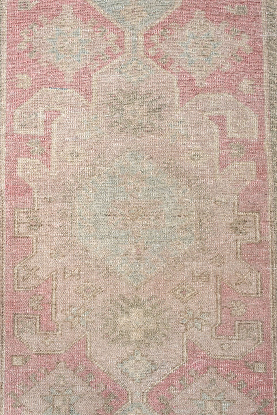 2' x 10' one-of-a-kind handmade antique Saraband runner rug. Color palette: blush rose, pale aqua, ivory, taupe, sage, beige