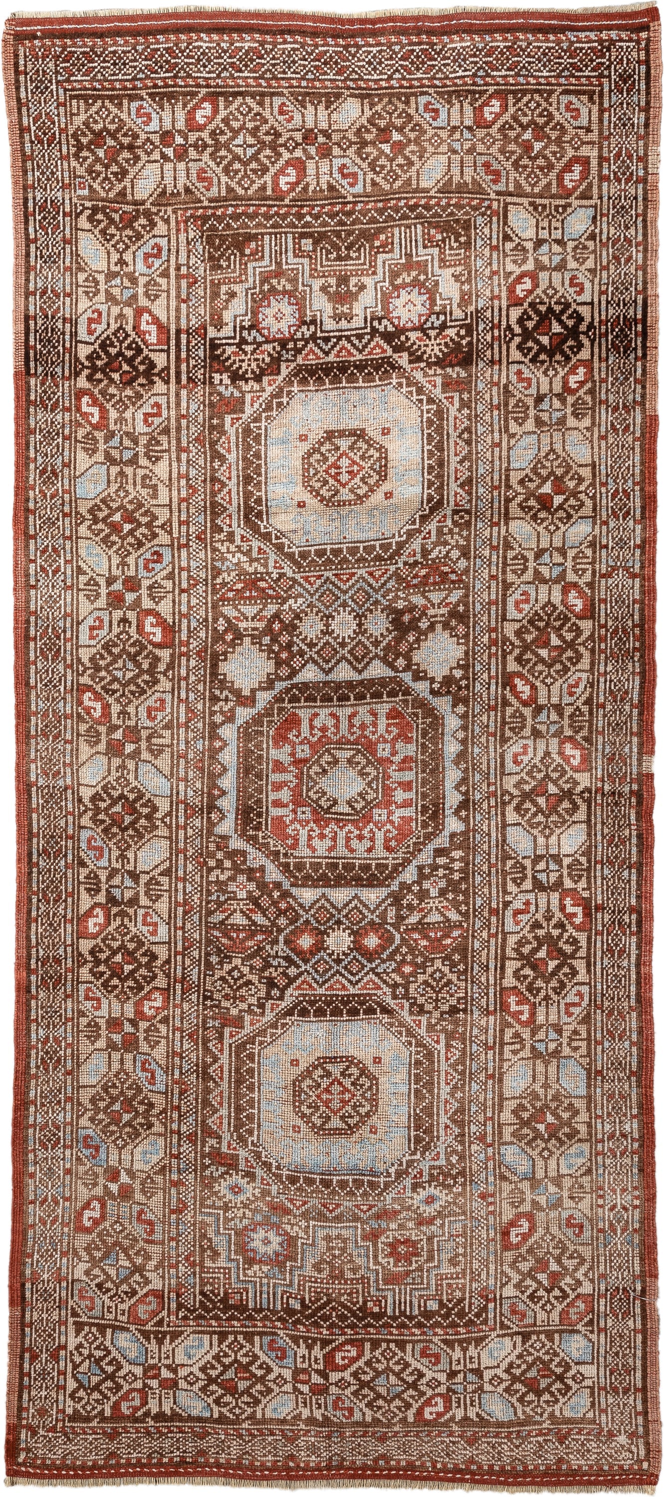 3' x 7' one-of-a-kind handmade antique Anatolian runner rug. Color palette: brown, ivory, rust, light blue, taupe