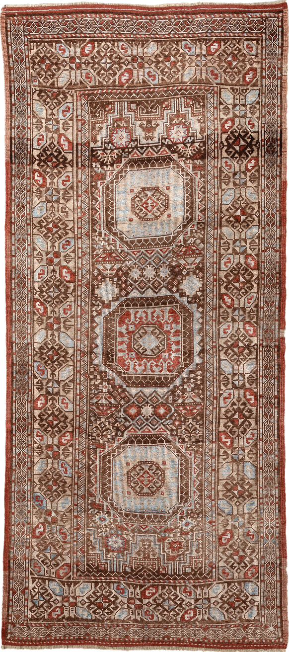 3' x 7' one-of-a-kind handmade vintage Anatolian runner rug. Color palette: antiquewhite, brown, floral white, gray
