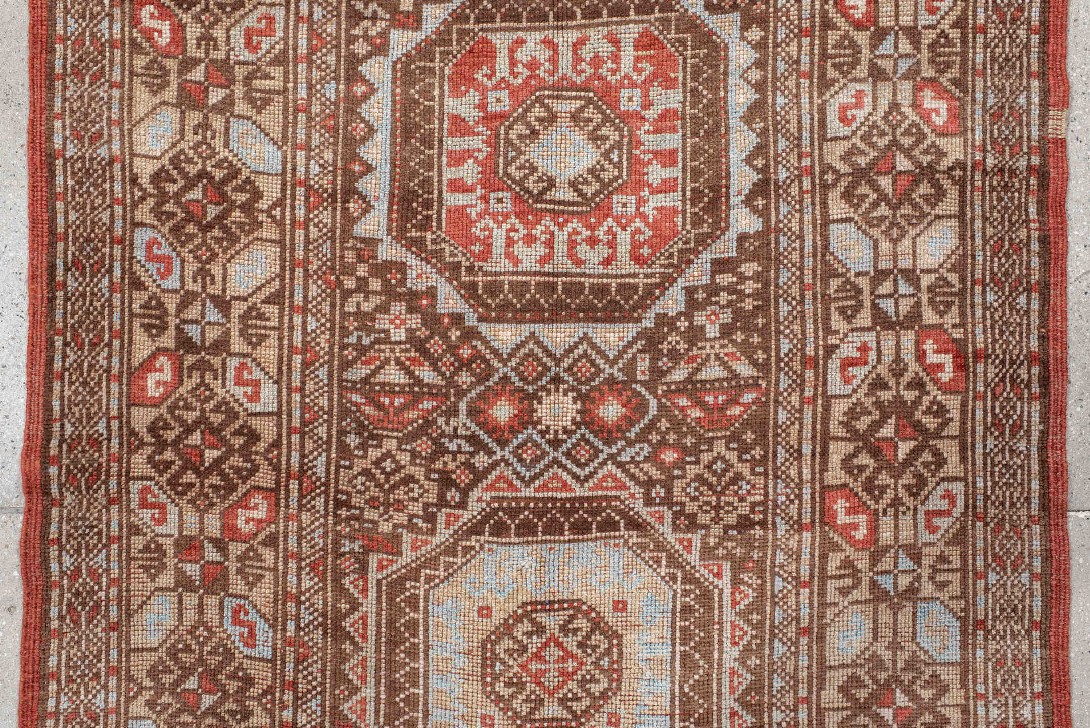 3' x 7' one-of-a-kind handmade antique Anatolian runner rug. Color palette: brown, ivory, rust, light blue, taupe