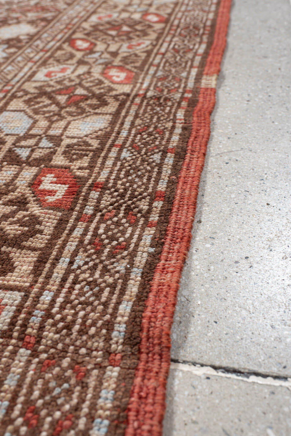 3' x 7' one-of-a-kind handmade antique Anatolian runner rug. Color palette: brown, ivory, rust, light blue, taupe