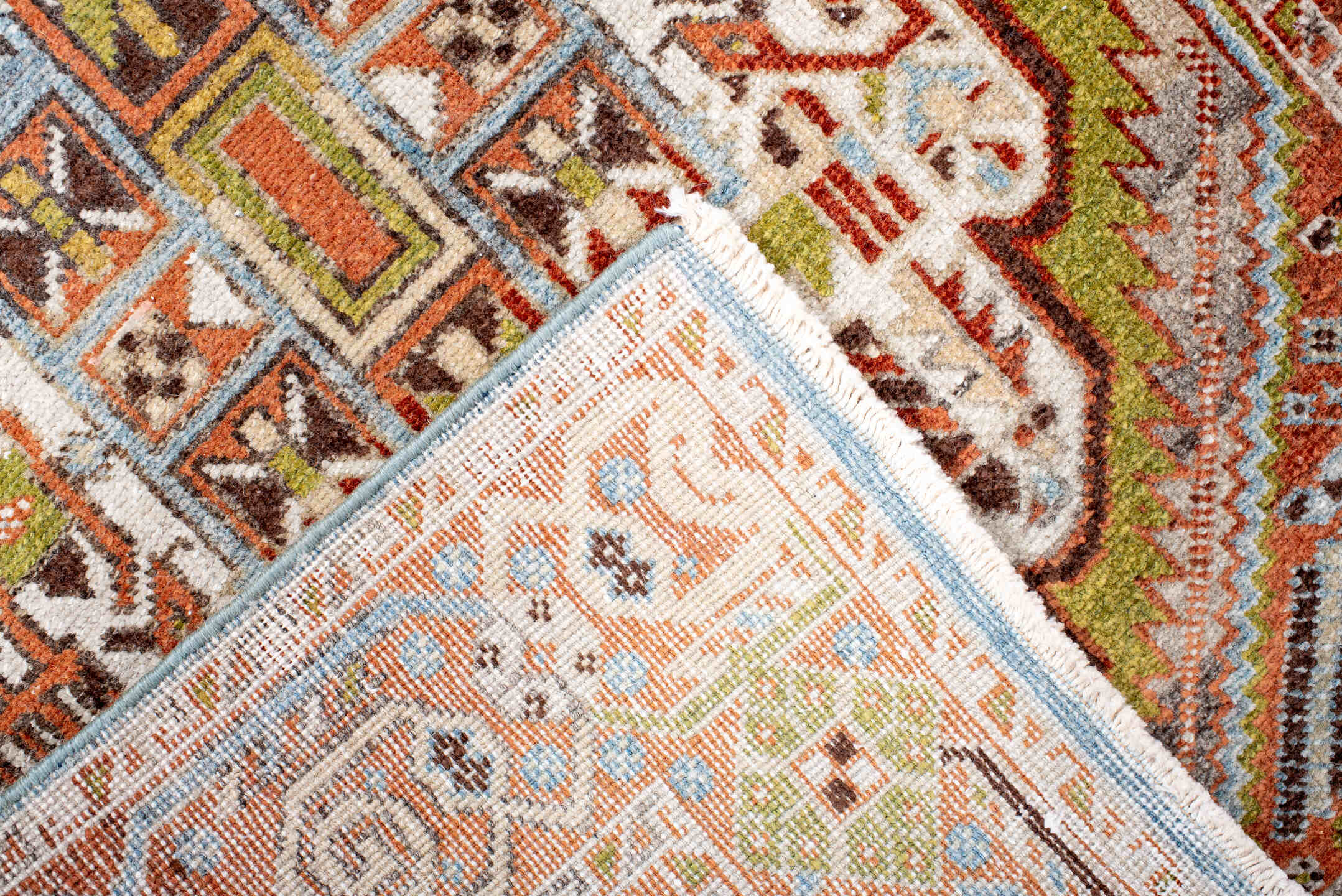 2' x 6' one-of-a-kind handmade vintage Afshar runner rug. Color palette: terra cotta, ivory, sky blue, olive, rust, charcoal