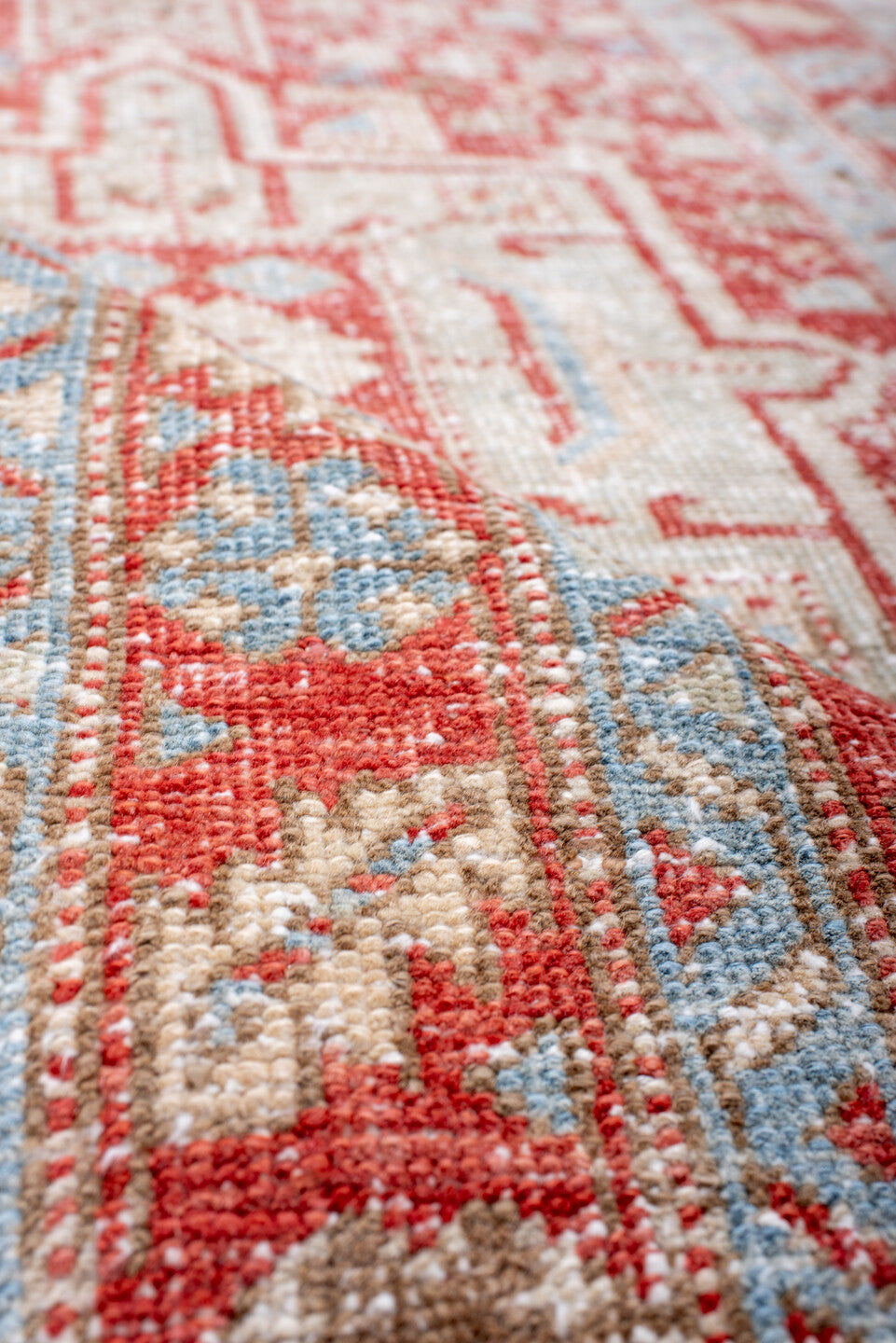 2' x 10' one-of-a-kind handmade antique Karaje runner rug. Color palette: rust, ivory, pale blue, camel, terracotta, taupe