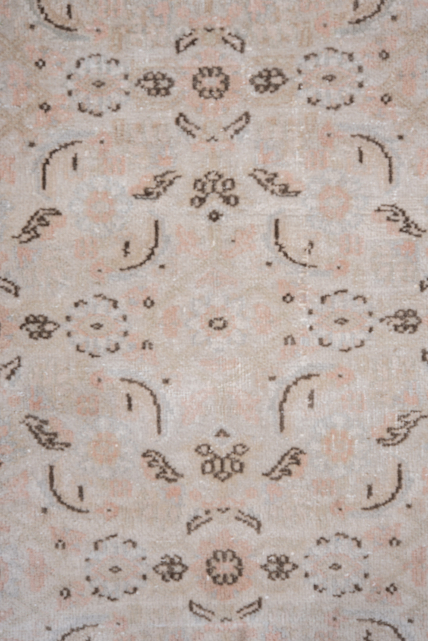 2' x 11' one-of-a-kind handmade vintage Indosaraban runner rug. Color palette: ivory, blush, taupe, charcoal, rose, beige