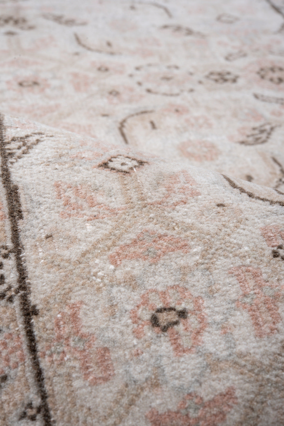 2' x 11' one-of-a-kind handmade vintage Indosaraban runner rug. Color palette: ivory, blush, taupe, charcoal, rose, beige
