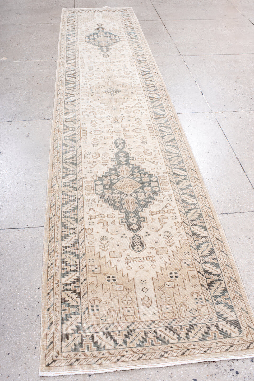 2' x 13' one-of-a-kind handmade antique Sivas runner rug. Color palette: ivory, taupe, pale blue, charcoal, beige, gray