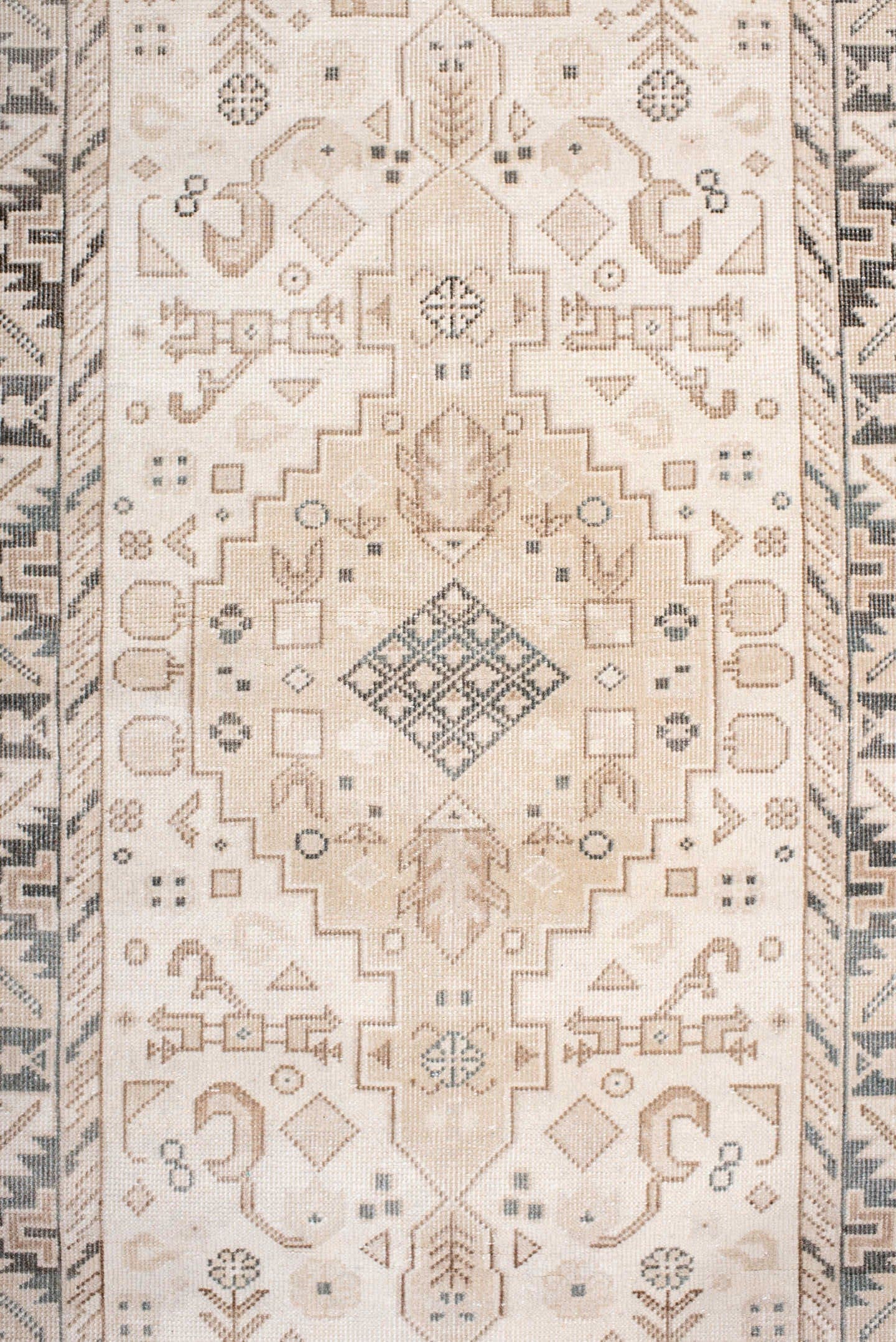 2' x 13' one-of-a-kind handmade antique Sivas runner rug. Color palette: ivory, taupe, pale blue, charcoal, beige, gray
