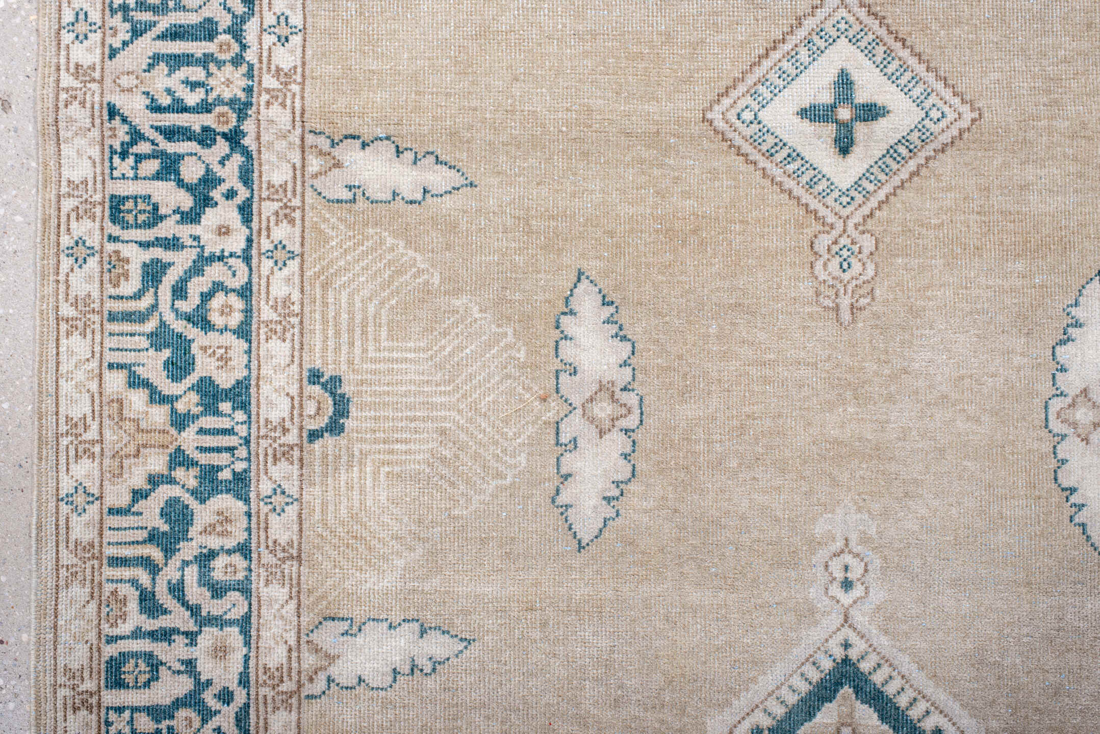4' x 13' one-of-a-kind handmade antique Sivas runner rug. Color palette: camel, ivory, teal, beige, taupe, cream, gray