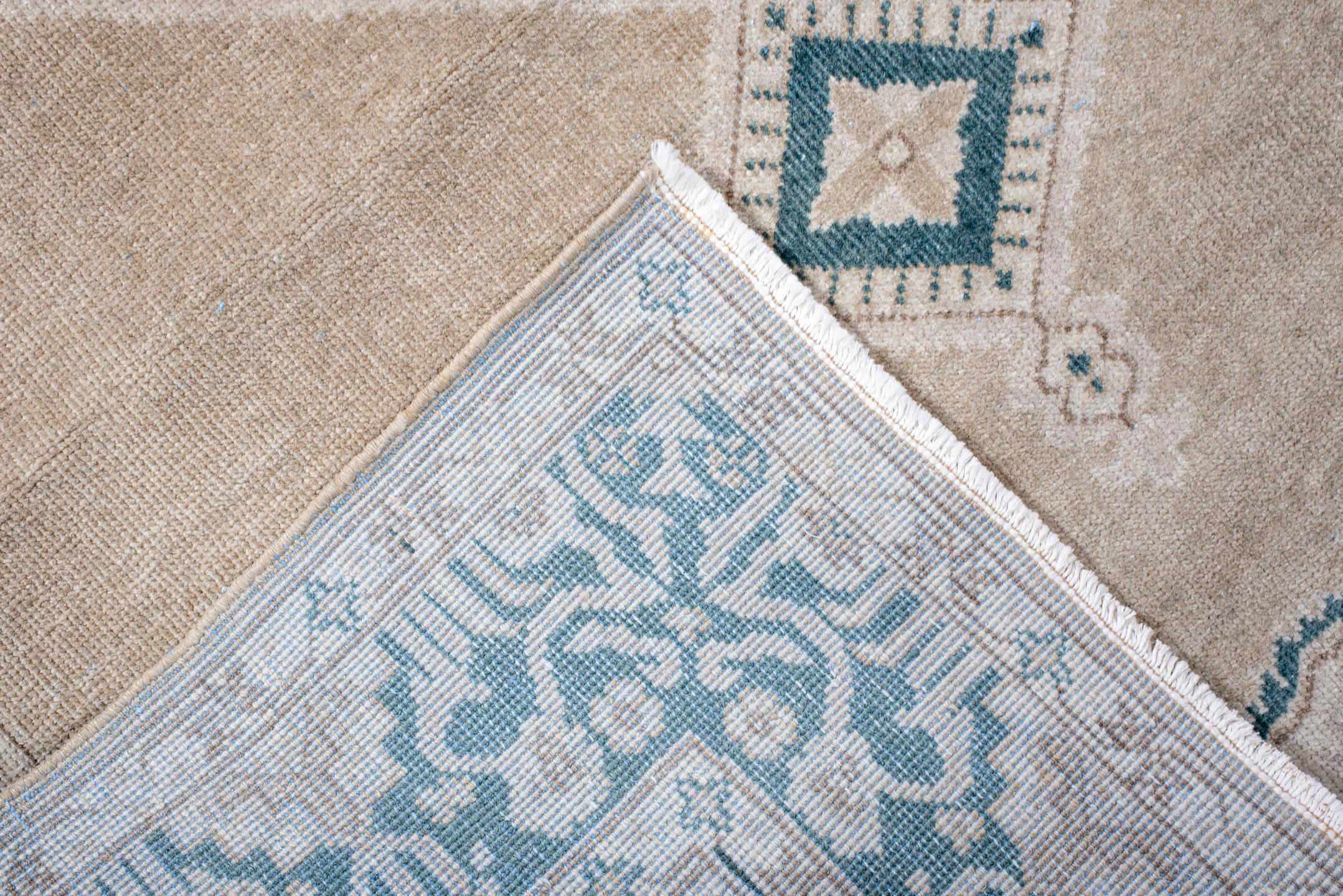 4' x 13' one-of-a-kind handmade vintage Sivas runner rug. Color palette: arapawa, blue, brown, gainsboro, gray, light gray