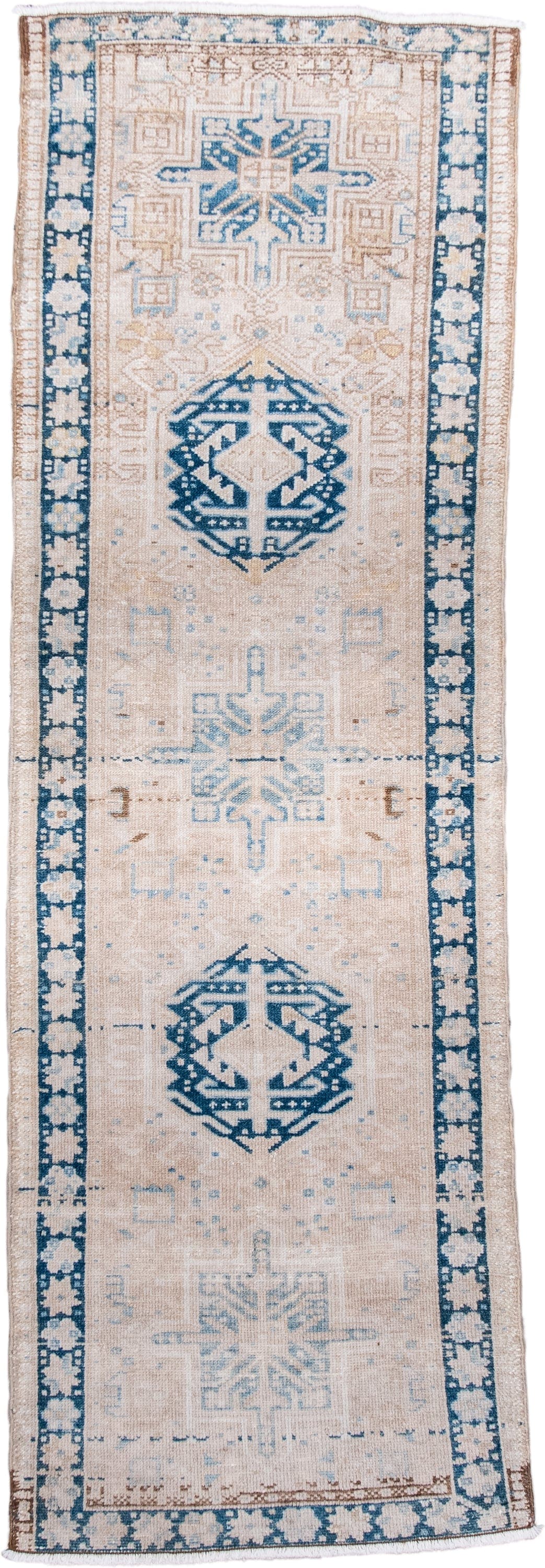 2' x 6' one-of-a-kind handmade antique Karaje runner rug. Color palette: ivory, sky blue, indigo, camel, taupe, brown