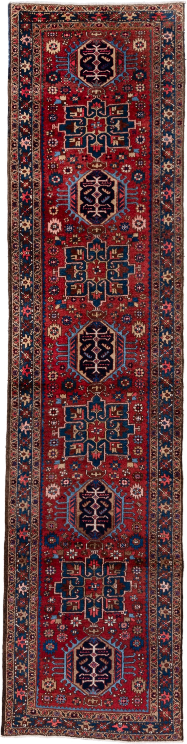 2' x 11' one-of-a-kind handmade vintage Heriz runner rug. Color palette: red, navy, ivory, sky blue, rust, camel, charcoal