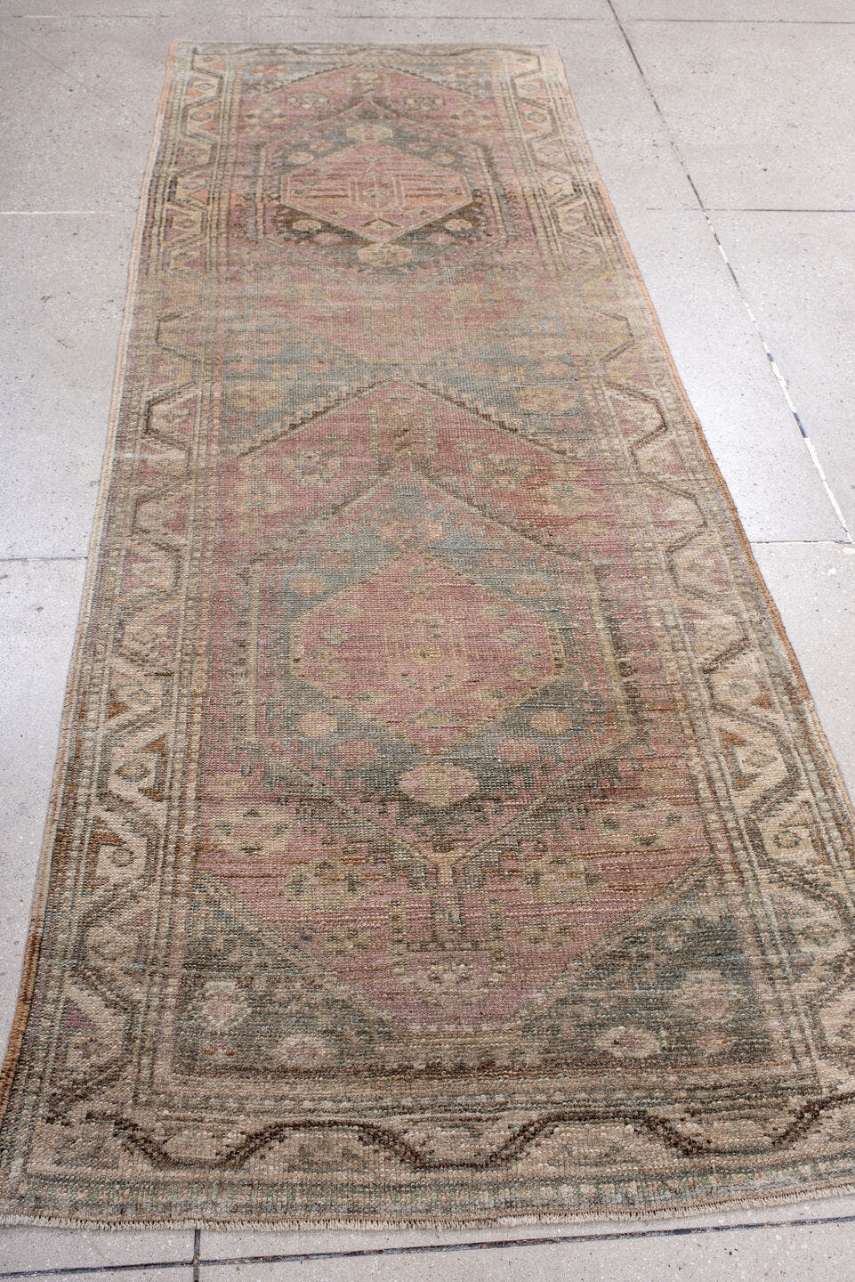 3' x 8' one-of-a-kind handmade antique NW Persian runner rug. Color palette: rose, taupe, slate blue, ivory, dusty mauve