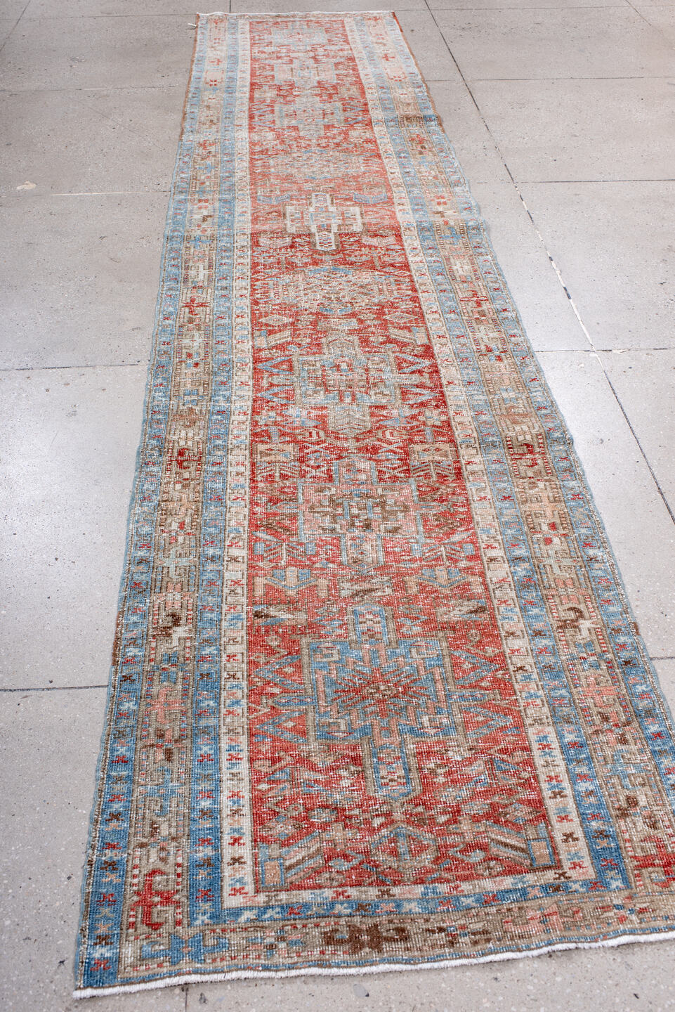 3' x 14' one-of-a-kind handmade vintage Heriz runner rug. Color palette: brown, dark gray, gainsboro, gray, light blue