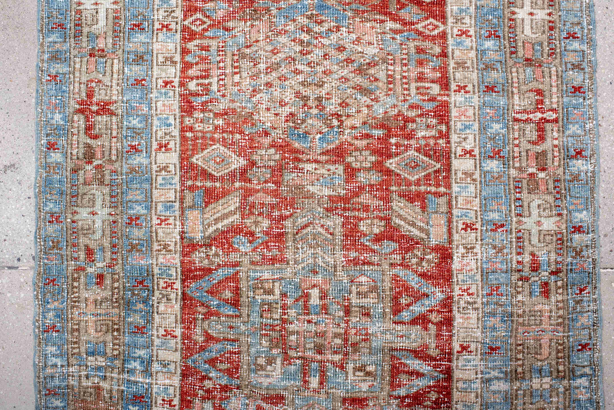 3' x 14' one-of-a-kind handmade vintage Heriz runner rug. Color palette: brown, dark gray, gainsboro, gray, light blue