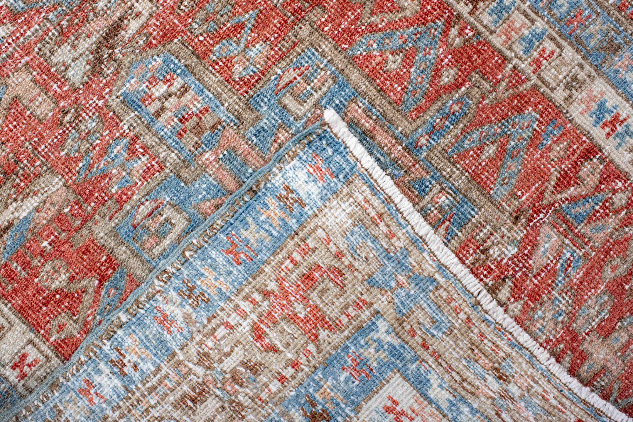 3' x 14' one-of-a-kind handmade vintage Heriz runner rug. Color palette: brown, dark gray, gainsboro, gray, light blue
