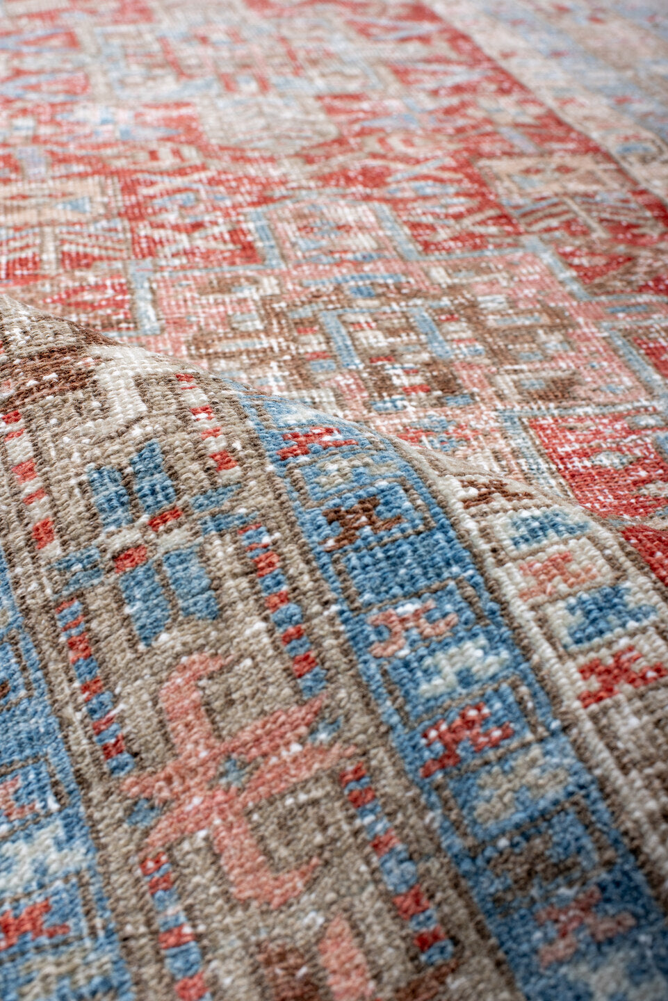 3' x 14' one-of-a-kind handmade vintage Heriz runner rug. Color palette: brown, dark gray, gainsboro, gray, light blue