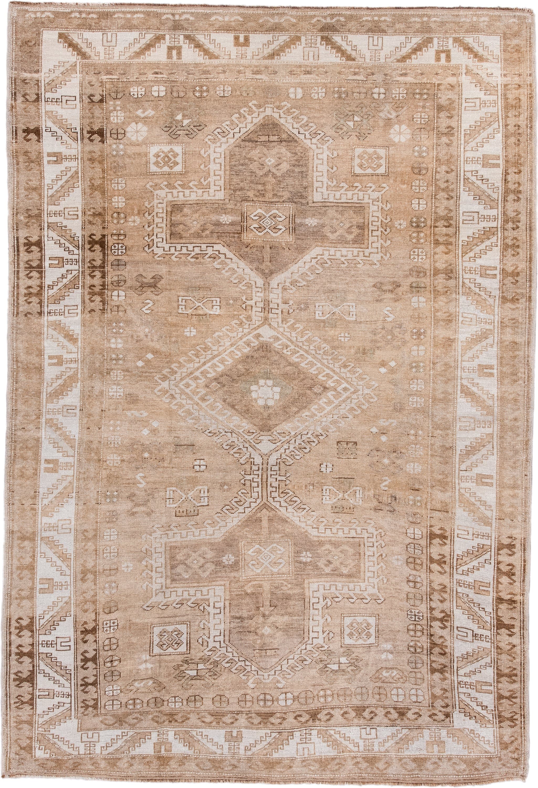 5' x 8' one-of-a-kind handmade antique Kars medium size rug. Color palette: beige, ivory, taupe, camel, sand, brown, gray