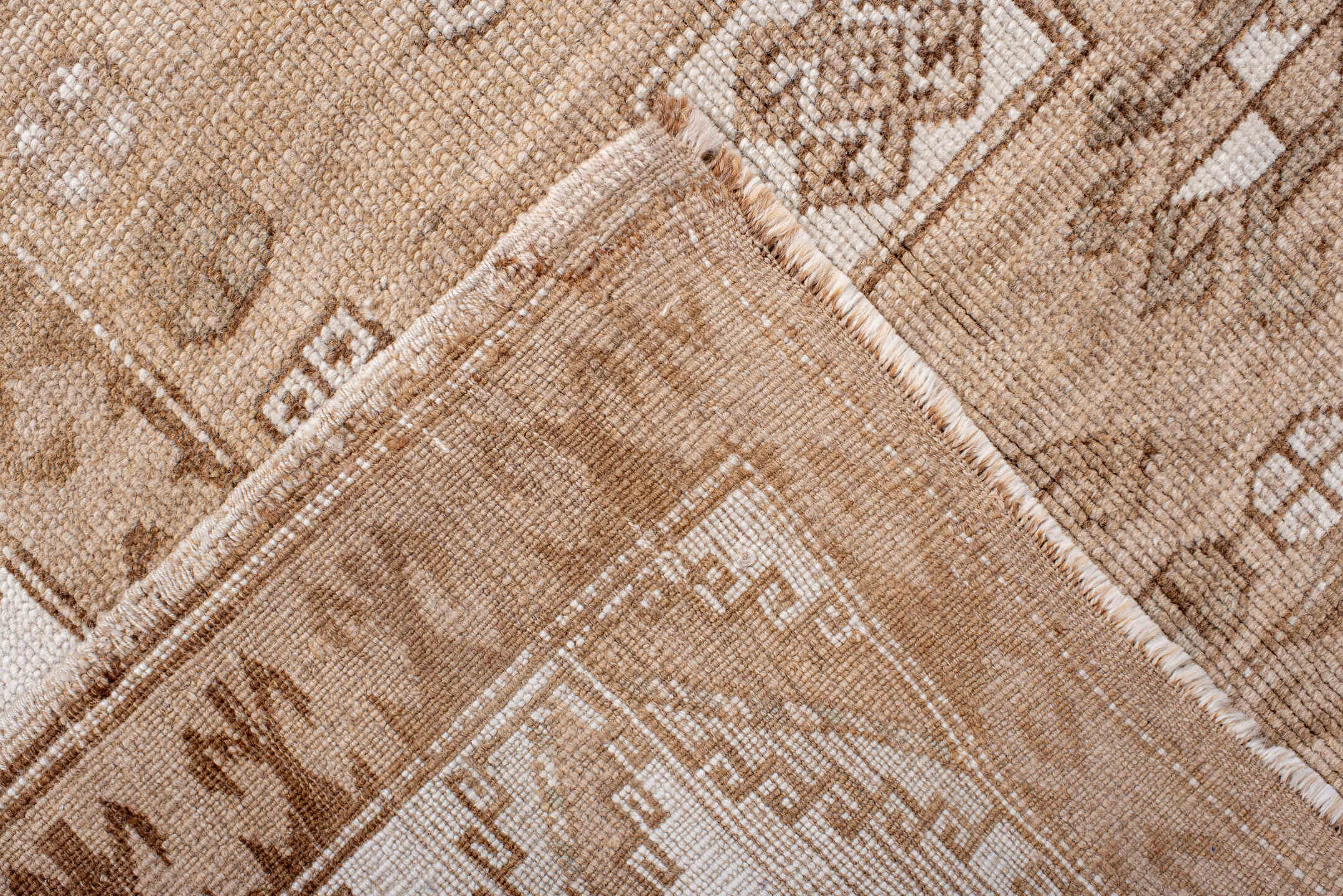 5' x 8' one-of-a-kind handmade antique Kars medium size rug. Color palette: beige, ivory, taupe, camel, sand, brown, gray