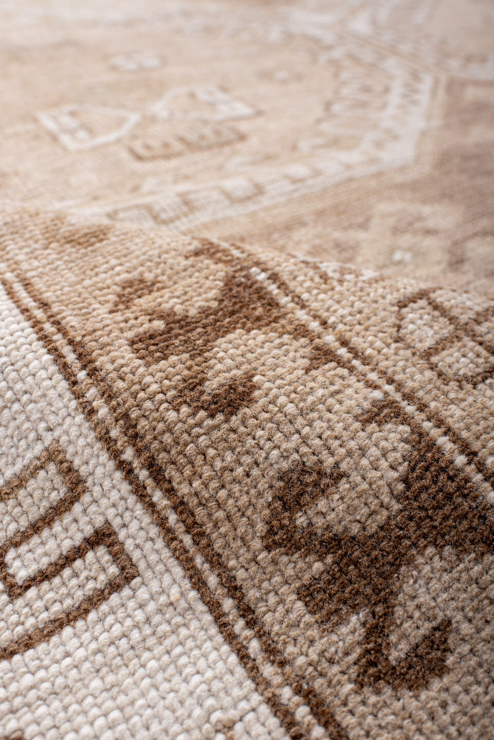 5' x 8' one-of-a-kind handmade antique Kars medium size rug. Color palette: beige, ivory, taupe, camel, sand, brown, gray