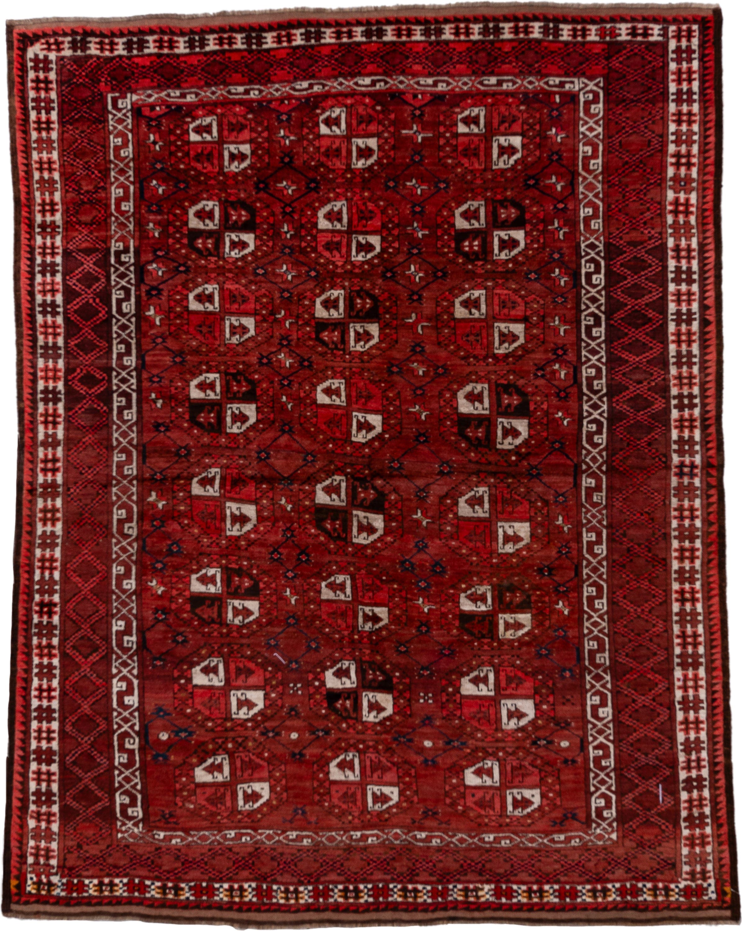 5' x 7' one-of-a-kind handmade vintage Afghan rug. Color palette: red, burgundy, ivory, brown, charcoal, navy, gray, black