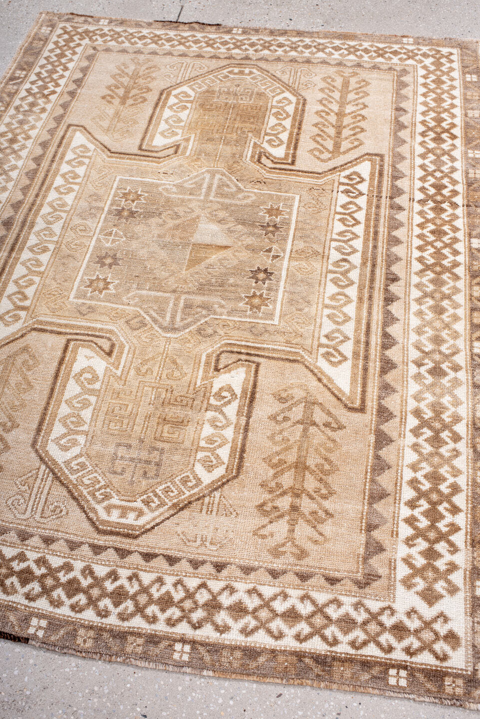 4' x 5' one-of-a-kind handmade antique Kars small size rug. Color palette: ivory, taupe, camel, beige, sand, brown, gray