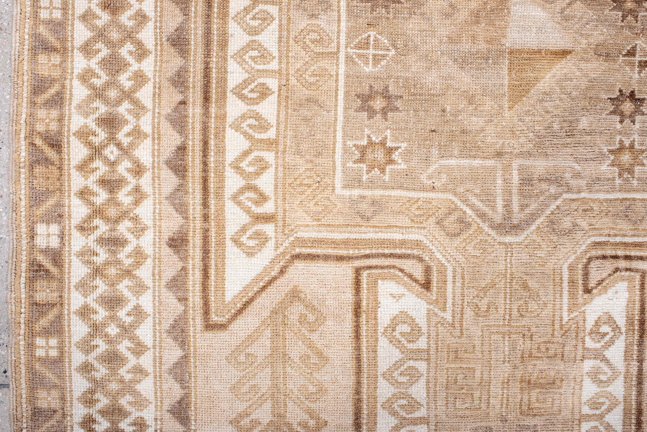 4' x 5' one-of-a-kind handmade antique Kars small size rug. Color palette: ivory, taupe, camel, beige, sand, brown, gray