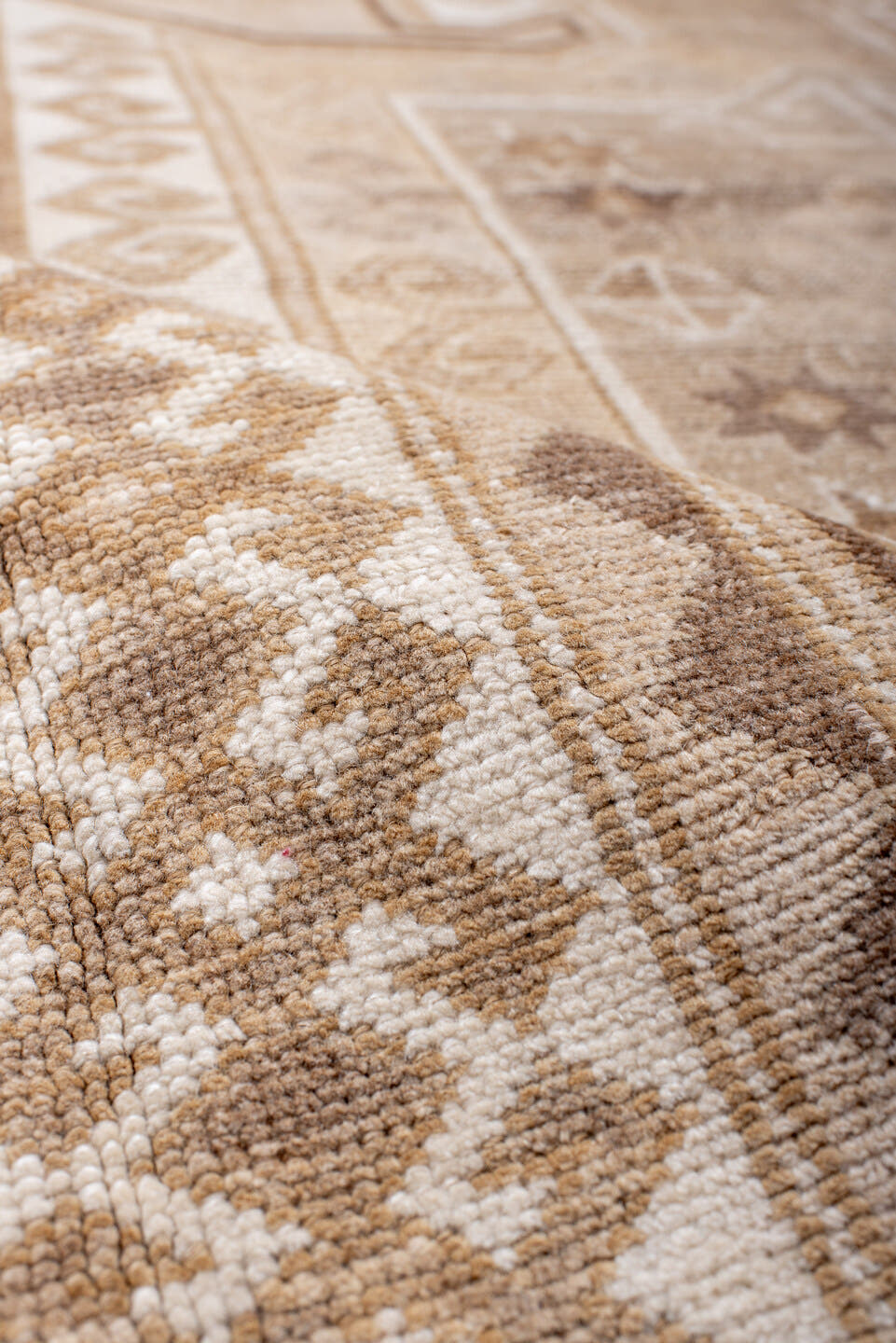 4' x 5' one-of-a-kind handmade antique Kars small size rug. Color palette: ivory, taupe, camel, beige, sand, brown, gray