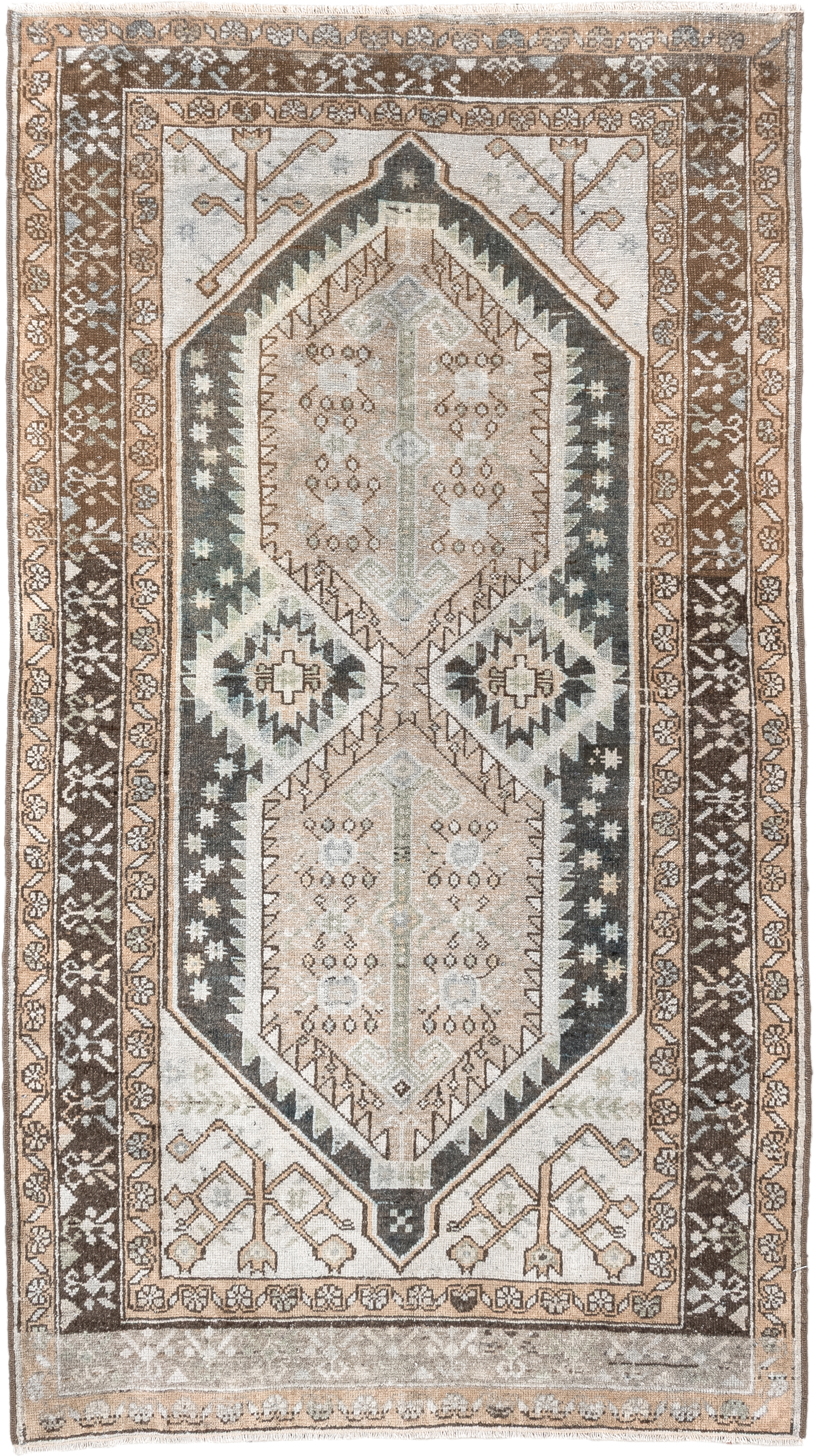 3' x 5' one-of-a-kind handmade vintage Anatolian small size rug. Color palette: ivory, taupe, brown, charcoal, beige, camel
