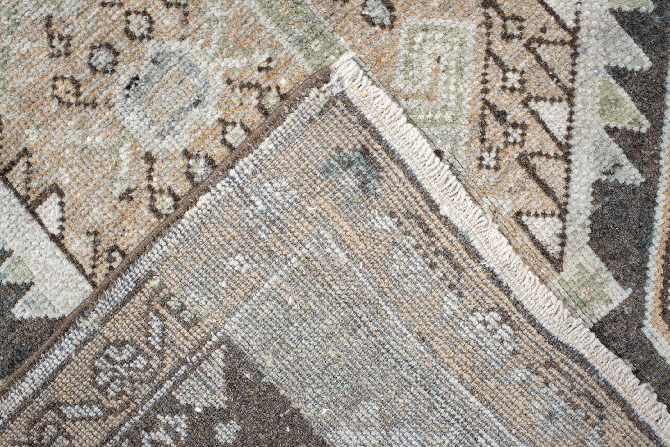 3' x 5' one-of-a-kind handmade vintage Anatol small size rug. Color palette: brown, off-white, gray, orange, black