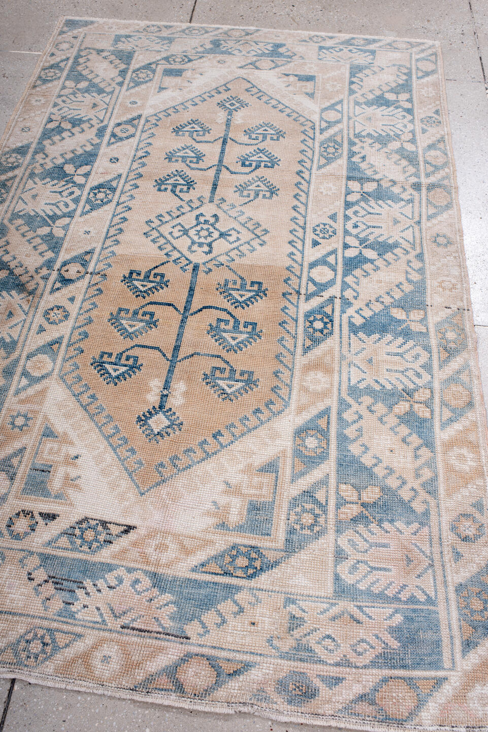 4' x 6' one-of-a-kind handmade antique Anatolian small size rug. Color palette: ivory, sky blue, beige, taupe, camel